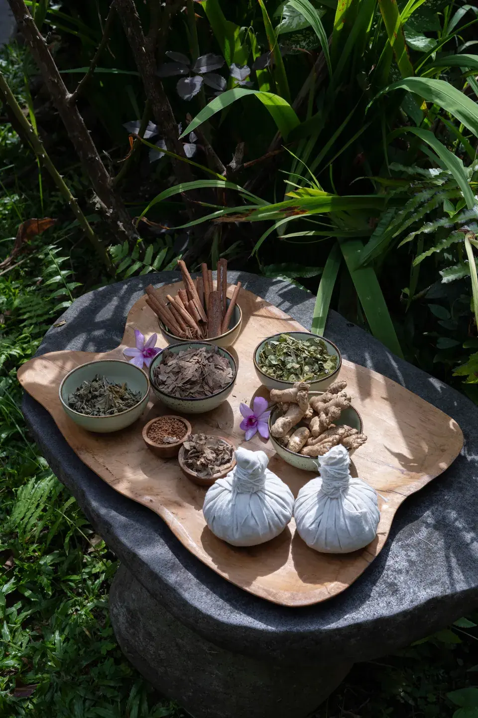 Herbs and cloth bundles prepared for treatments