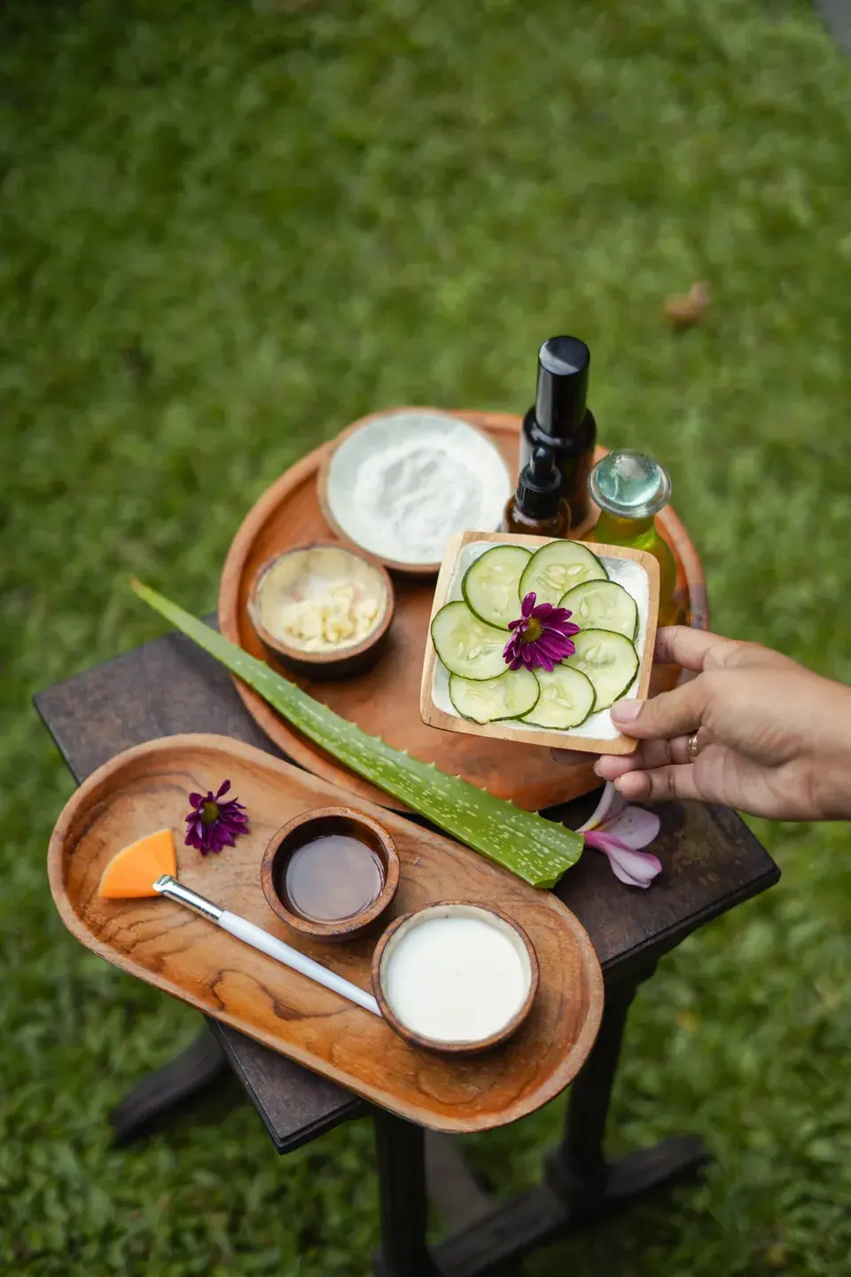 Bowls of facial ingredients prepared on a tray