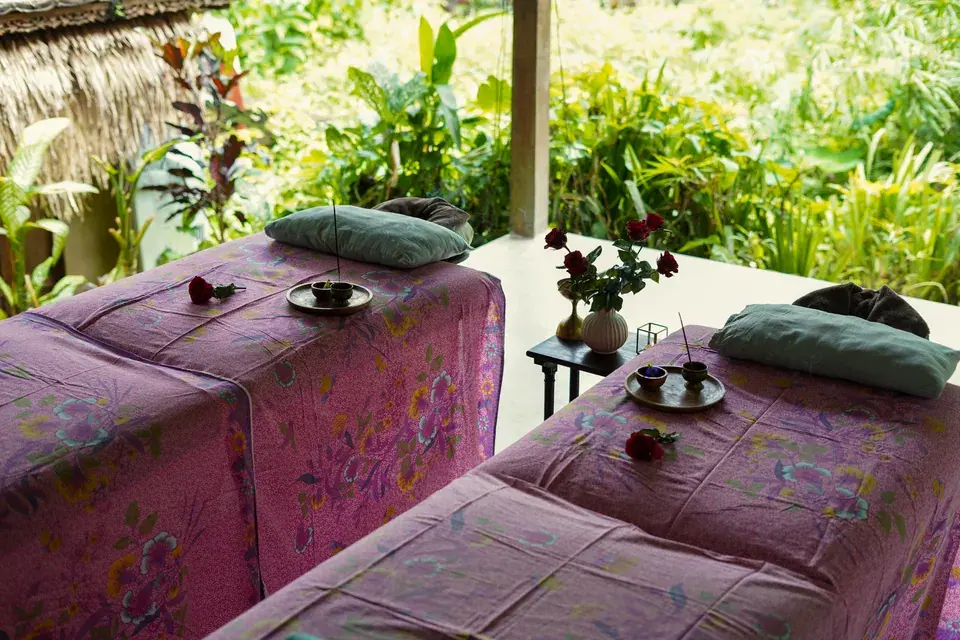Massage beds prepared in the garden pavilion