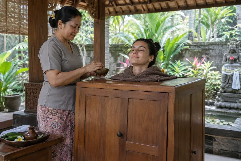 A guest seated in a wooden herbal steam cabinet