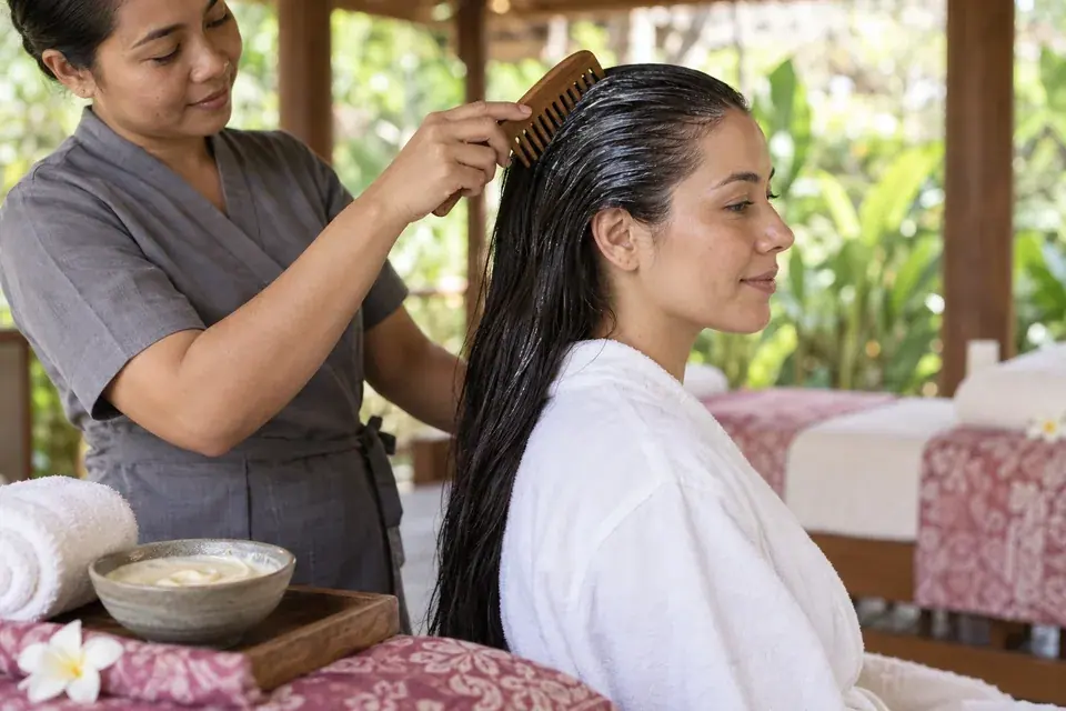 Herbal conditioner combed through the hair