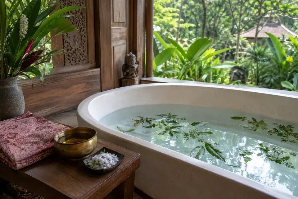 A prepared herbal bath with massage oil and magnesium crystals